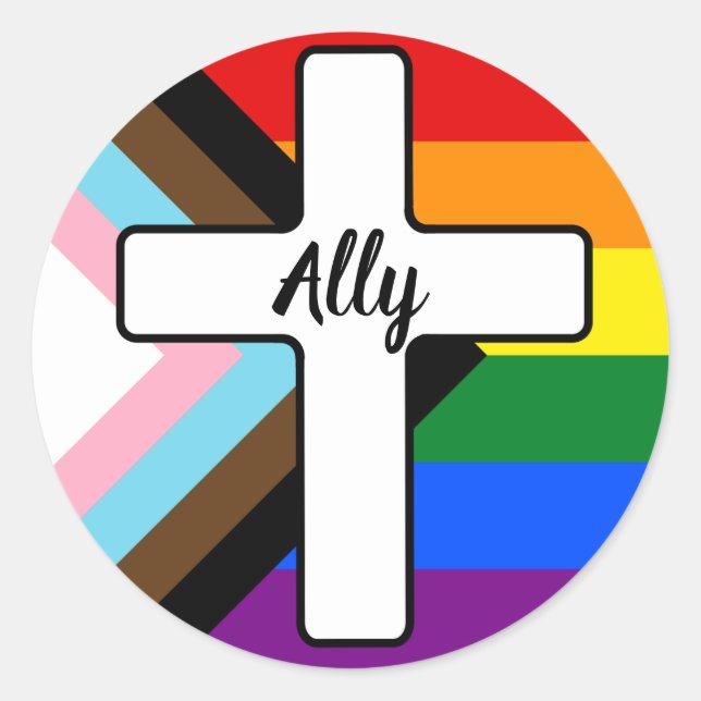 Pegatina Redonda Rainbow Cross Progress Pride Flag Ally (Anverso)
