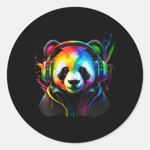 Pegatina Redonda Rainbow Dj Panda Auriculares Música