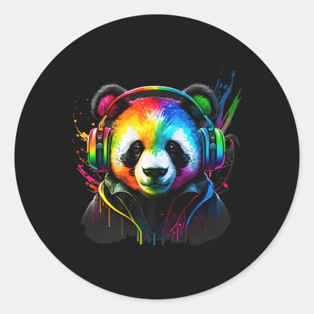 Pegatina Redonda Rainbow Dj Panda Auriculares Música (Anverso)