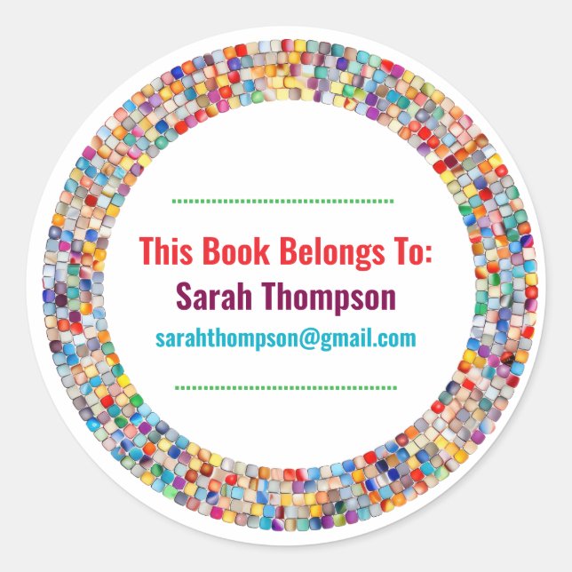Pegatina Redonda Rainbow Glass Mosaic Circle Frame Name (Anverso)