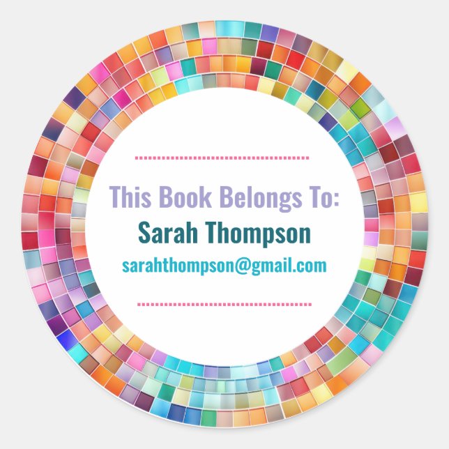 Pegatina Redonda Rainbow Glass Mosaic Circle Frame Name (Anverso)
