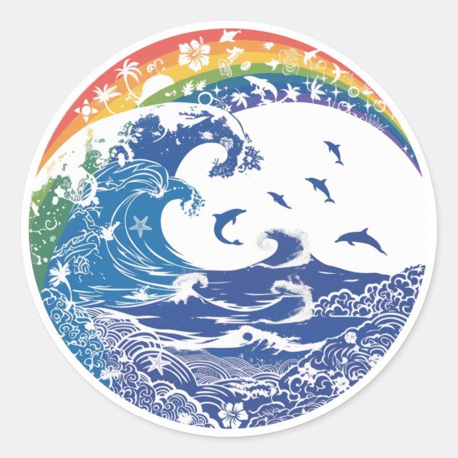 Pegatina Redonda Rainbow in Hawaii: Waves, Life (Anverso)