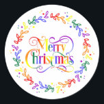 Pegatina Redonda Rainbow Merry Christmas Wreath Pegatinas<br><div class="desc">La bandera del Orgullo LGBT  inspiró el arco iris Feliz Navidad a pegatinas de corona.</div>