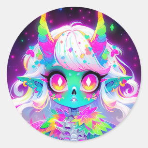 Pegatina Redonda Rainbow Pastel Fantasy Skull Demon Anime Chica