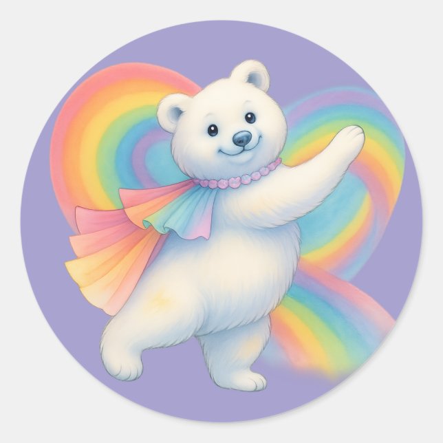 Pegatina Redonda Rainbow Polar Bear Kids Sticker – Cute Character  (Anverso)