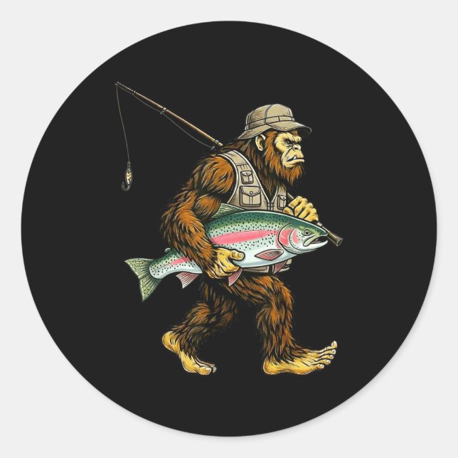 Pegatina Redonda Rainbow Trout Bigfoot Fisherman River Fishing Sasq (Anverso)