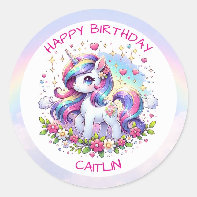 Pegatina Redonda Rainbow Unicorn Girl's Birthday Party Personalized (Anverso)
