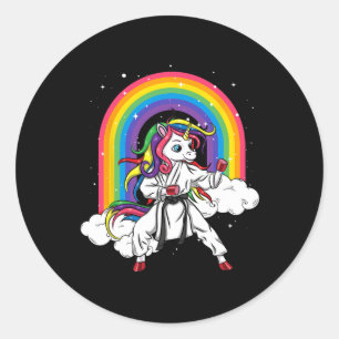 Pegatina Redonda Rainbow Unicorn Karate Taekwondo Mma Judo Kids Gir