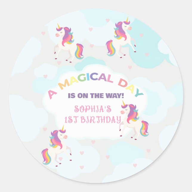 Pegatina Redonda Rainbow Unicorn Party Stickers (Anverso)