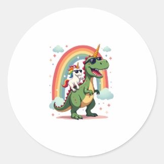 Pegatina Redonda Rainbow Unicorn Riding T rex - Dinosaur Boys Girls