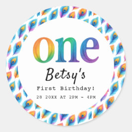 Pegatina Redonda Rainbow Watercolor 1st Birthday | Colorful Baby 