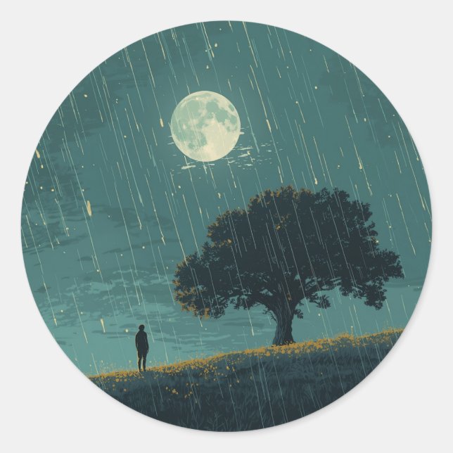 Pegatina Redonda Rainy Solitude – Lonely Person & Tree Illustration (Anverso)