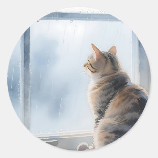 Pegatina Redonda Rainy Window Watercolor Tabby Cat