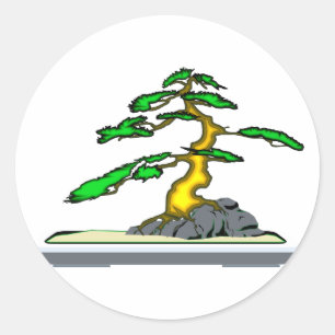 Pegatina Redonda Raíz sobre roca Bonsai Viejo en bandeja gris