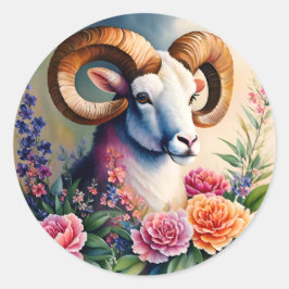 Pegatina Redonda Ram Floral Animal Art