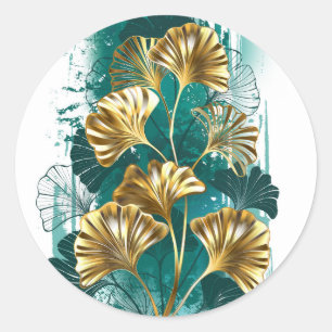 Pegatina Redonda Rama con hojas doradas Ginko Biloba