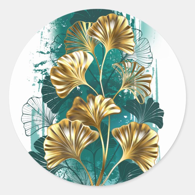Pegatina Redonda Rama con hojas doradas Ginko Biloba (Anverso)