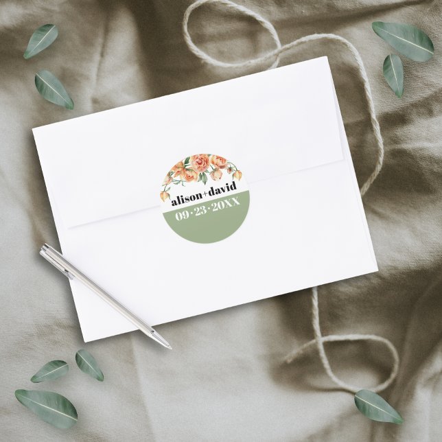 Pegatina Redonda Rama con rosa de melocotón boda (Subido por el creador)