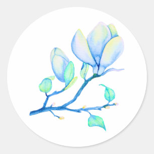 Pegatina Redonda Rama de magnolia acuarela azul verde botánica