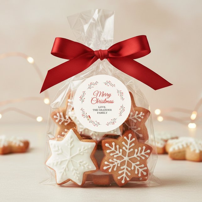 Pegatina Redonda Rama de Navidad de Bayas Festivas (Holiday Berry Branch Christmas Classic Round Sticker)