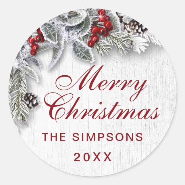 Pegatina Redonda Rama de pino de acebo de Navidad rústica (Anverso)