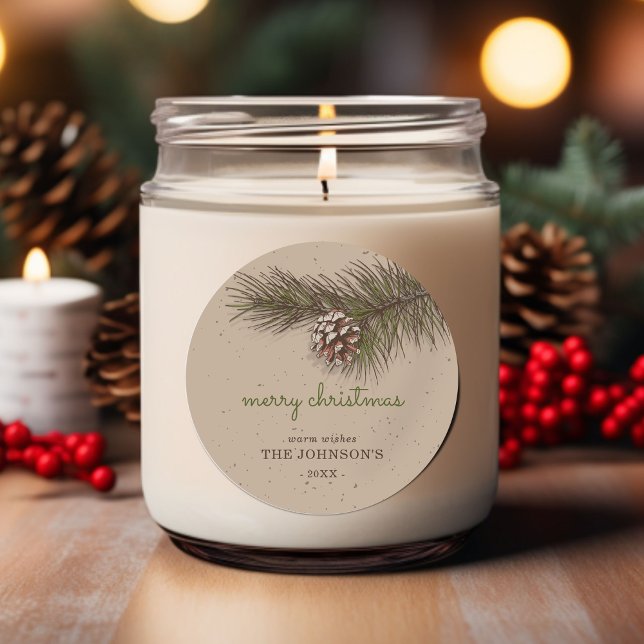 Pegatina Redonda Rama de Pino Rústico Feliz Navidad (Rustic Sprig Pine Merry Christmas Classic Round Sticker)