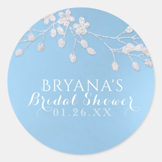 Pegatina Redonda Rama floral blanca Azul Bridal Shower Party Favor (Anverso)