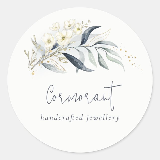 Pegatina Redonda Rama floral botánica frondosa de hoja dorada verde (Anverso)