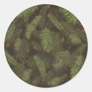 Pegatina Redonda Rama verde del bosque de pinos