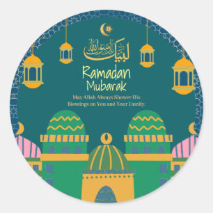 Pegatina Redonda Ramadán  Eid Mubarak Golden Calligraphy Greenblu