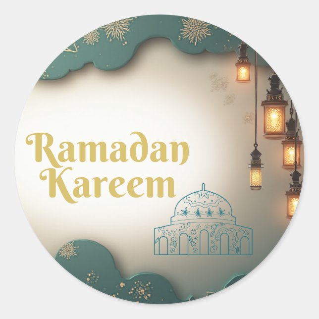 Pegatina Redonda Ramadan Elegance Green & Gold Lanterns and Mosque  (Anverso)