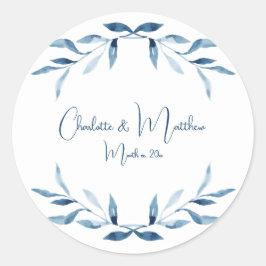 Pegatina Redonda Ramas Blue Willow, Boda de acuarela Classic R