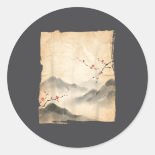 Pegatina Redonda Ramas de flor de cerezo pintura de tinta japonesa 