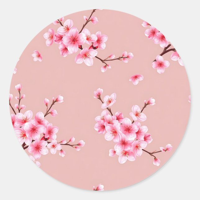 Pegatina Redonda Ramas de flor de cerezo rosa patrón (Anverso)