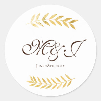 Pegatina Redonda Ramas de hojas doradas monograma y marrón oscuro