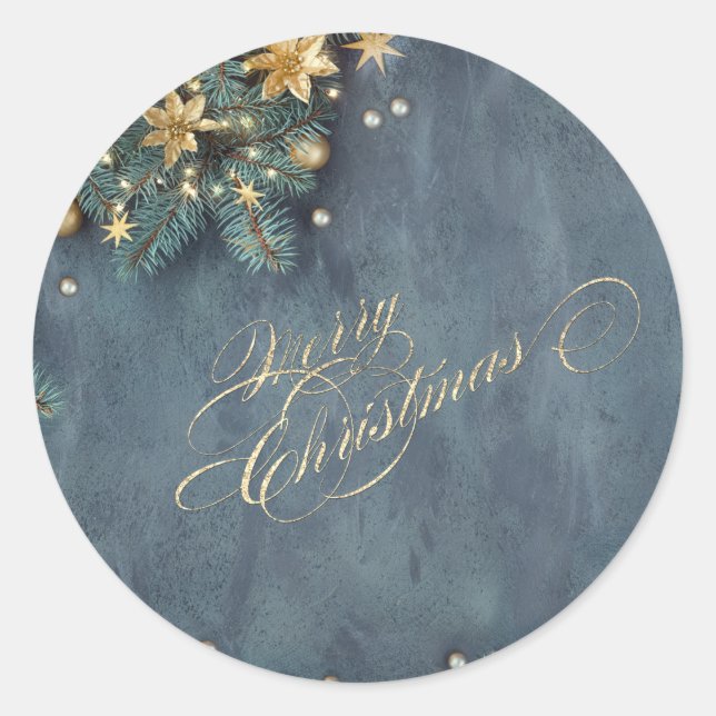 Pegatina Redonda Ramas de pino de Navidad, Feliz Navidad (Anverso)