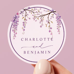Pegatina Redonda Ramas de Wisteria Morada Floral Boda