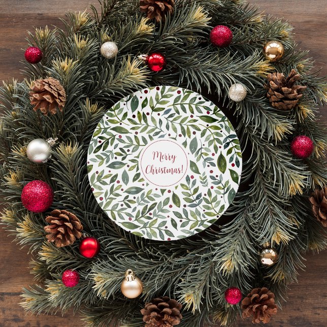 Pegatina Redonda Ramas y bayas estacionales de las acuarelas verdes (Subido por el creador)