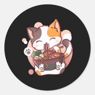Pegatina Redonda Ramen Cat Anime Bowl Kawaii Neko Japonés