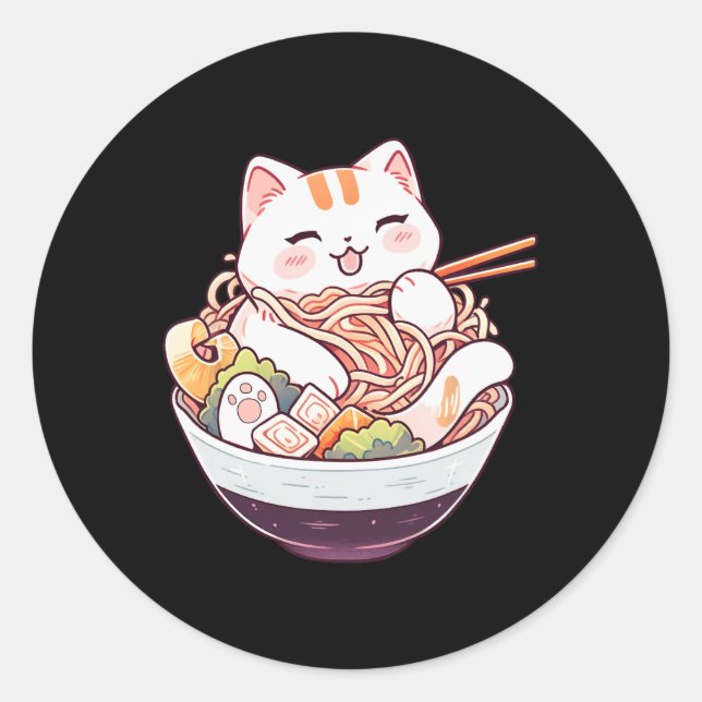 Pegatina Redonda Ramen Cat Kawaii Neko Corte Anime Shirt Para Hombr (Anverso)