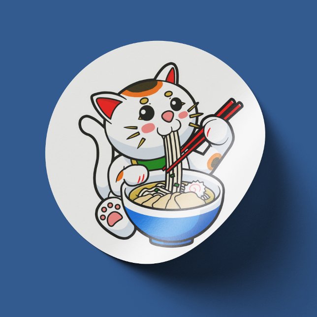 Pegatina Redonda Ramen Gato Sucio (Lucky Cat Eating Ramen- Sticker View)