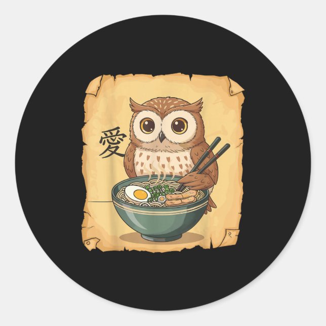 Pegatina Redonda Ramen Owl Noodle Kawaii Lover Japanese Funny Graph (Anverso)