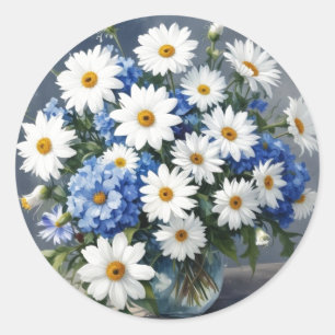 Pegatina Redonda Ramo de Flores Elegantes Daisies Acuarela