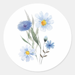 Pegatina Redonda Ramo de flores silvestres botánicas azules Acuar