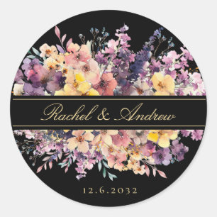 Pegatina Redonda Ramo de flores silvestres, escritura a mano, boda