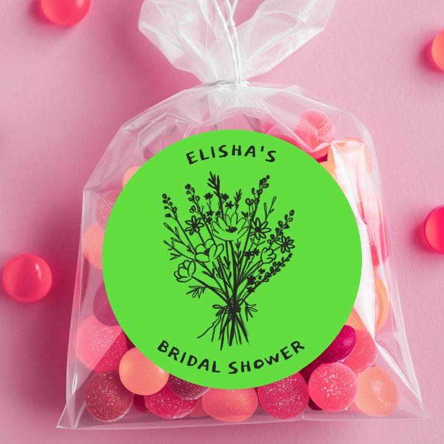 Pegatina Redonda Ramo de flores silvestres Rústico Bridal Shower ca (Wildflower Bouquet Rustic Whimsical Bridal Shower Classic Round Sticker
Brat Lime Green)