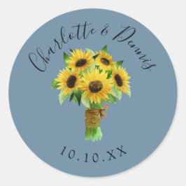 Pegatina Redonda Ramo de girasol acuarela y boda azul
