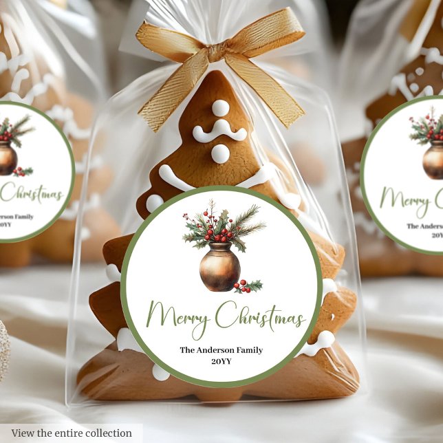 Pegatina Redonda Ramo de Navidad rústico bohemio Sticker neutral (Bohemian Rustic Christmas Bouquet Neutral Sticker)