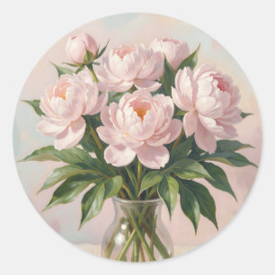 Pegatina Redonda Ramo de peonía rosa sonrojado floral romántico 