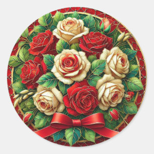 Pegatina Redonda Ramo de Rosas Rojas y Blancas Elegante 🌹 Romántic